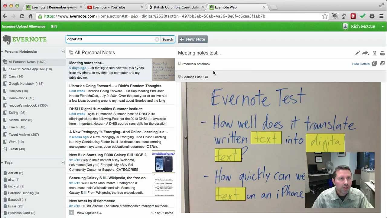 Image showing Evernote screen with notebooks, notes and a single note with handwriting on it, which Evernote can read.