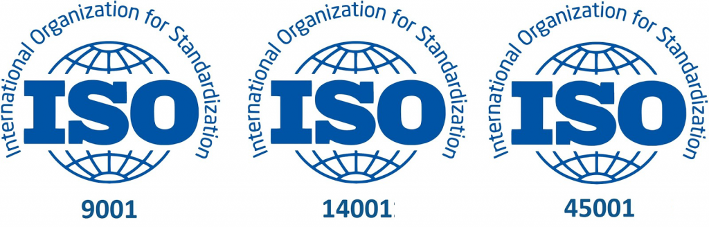 Logos of ISO management standards ISO 9001 ISO 45001 ISO 14001