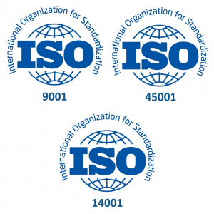 Logos of ISO 9001 ISO 45001 ISO 14001 international management standards
